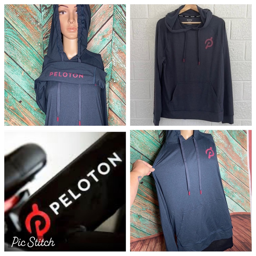 Peloton Mens Hoodie M Graphite Long Sleeve Crew Neck Zip Pocket Drawstring Logo